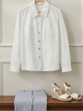 JONES NEW YORK Lined Cotton Eyelet Shirt Snap Buttons, Pockets